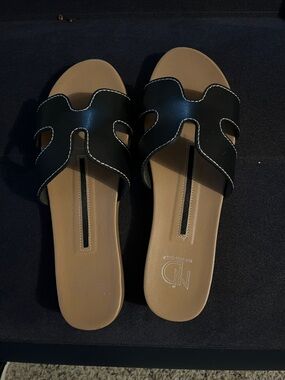 new directions Black Slide Sandals with Tan Footbed